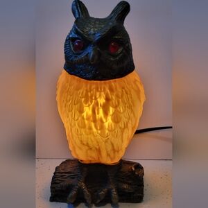 Owl Lamp Metal Glass Amber 9" Red Eyes